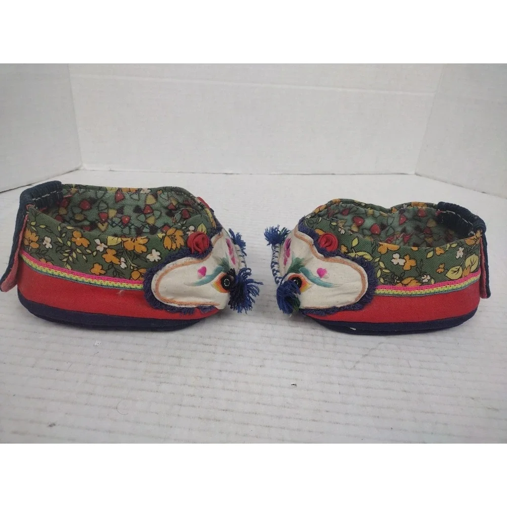 Rare 19th Century Chinese Childs Hand Embroidered Shoes Floral Animal Eyes